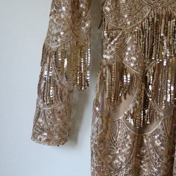 Gold Lulu's Dress XS Go Go Vintage NWOT V Neck Long Sleeve - Picture 11 of 11